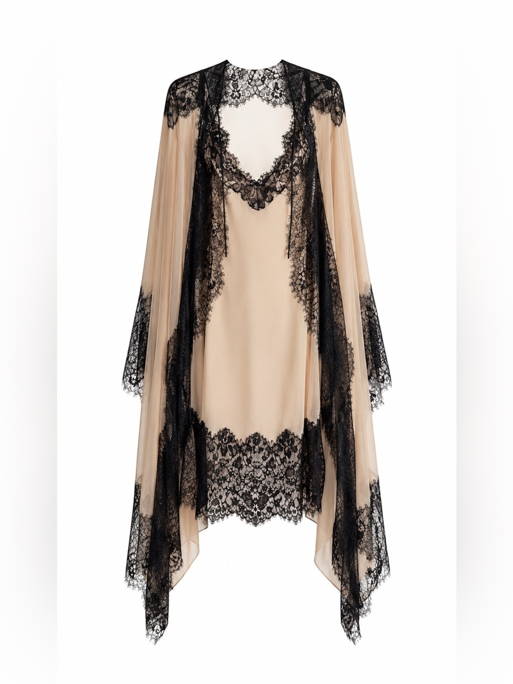 BCBG (SET) | S | Maxazria Lace Trim Slip Nightdress and Robe Set - Black on Nude - Picture 3 of 8
